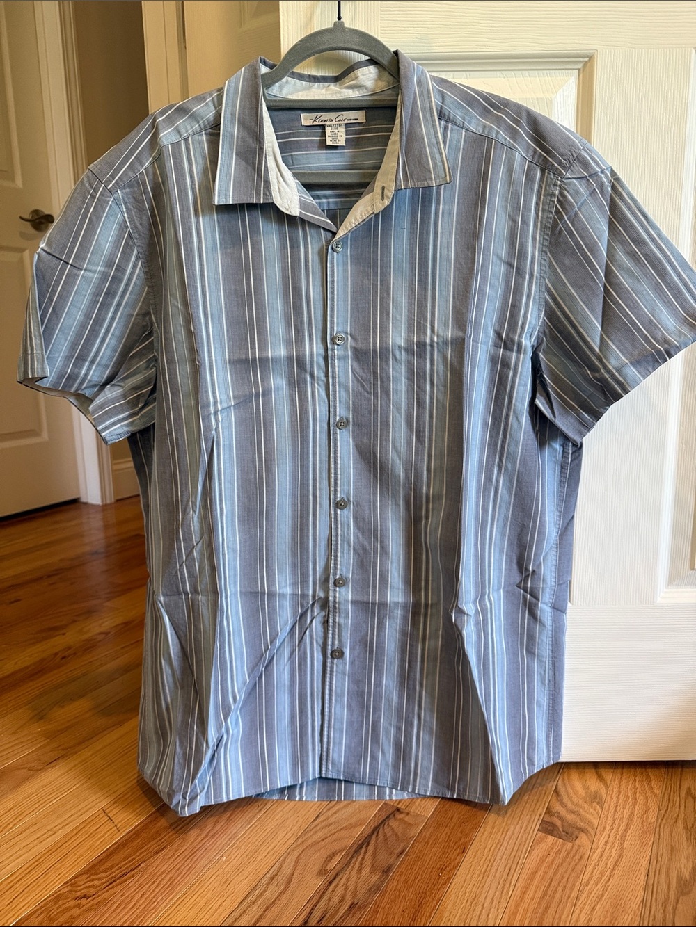 Kenneth Cole New York Blue and White Striped Short-Sleeve Button-Down Shirt